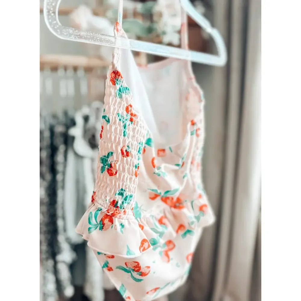Darling Little Blush Strawberry Print Flutter Trim Halter Swimsuit 12-18mths